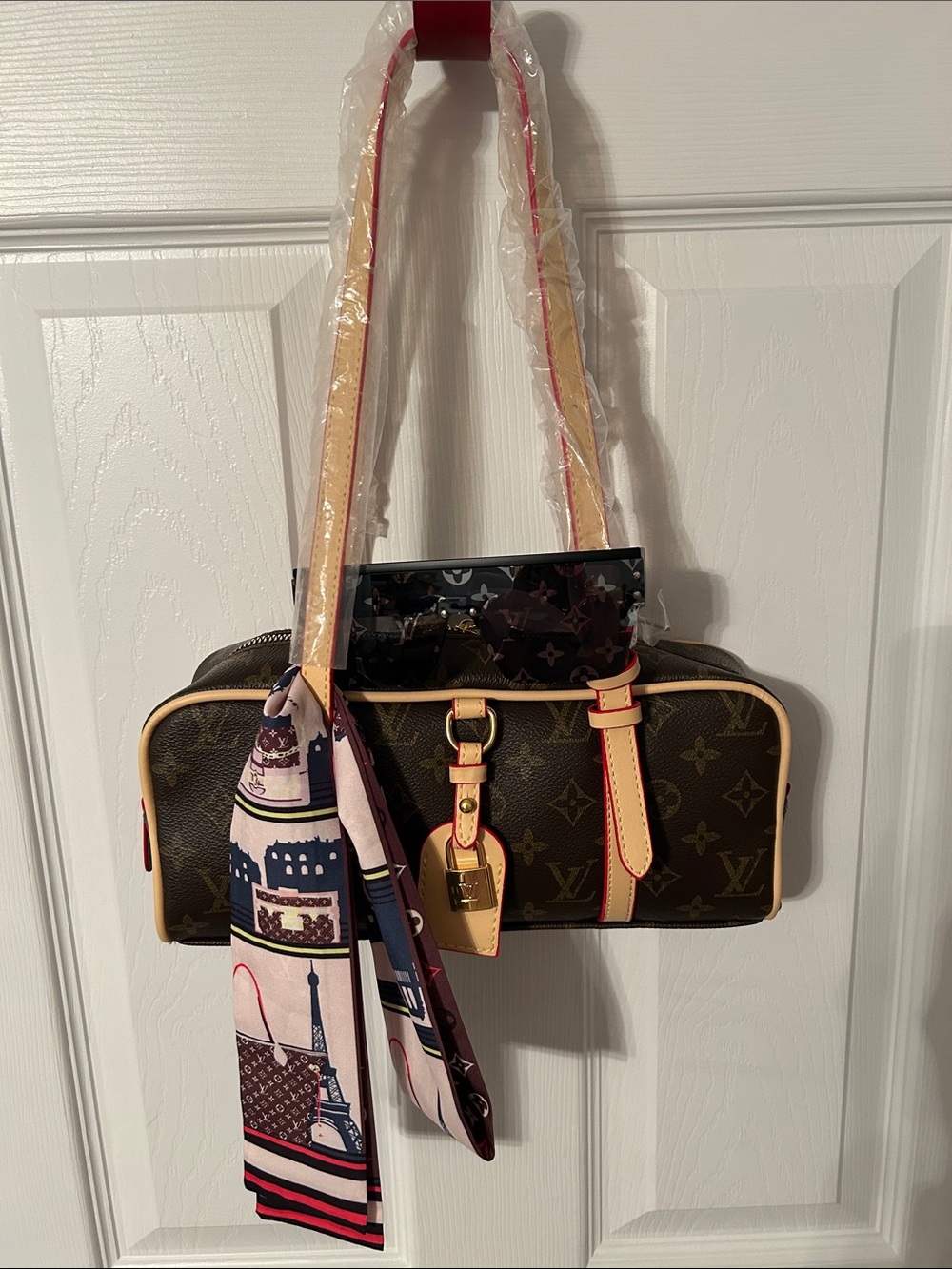 Designer Brown Monogram Shoulder Bag Beige Trim, Sunglasses and Printed Scarf